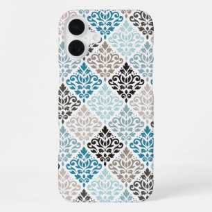 Scroll Damask Pattern Teals Browns White iPhone 16 Plus Case