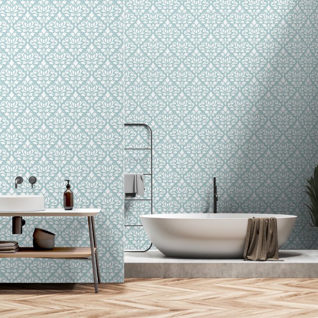 Scroll Damask Pattern White on Light Teal Wallpaper (Bathroom)