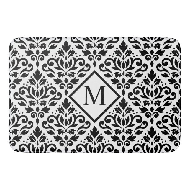 Scroll Damask Ptn Black on White (Personalised) Bath Mat (Front)