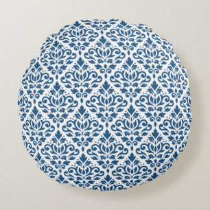 Scroll Damask Ptn Dk Blue on White Round Cushion