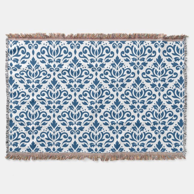 Scroll Damask Ptn Dk Blue on White Throw Blanket (Front)