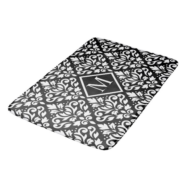 Scroll Damask Ptn White on Black (Personalised) Bath Mat (Angled)