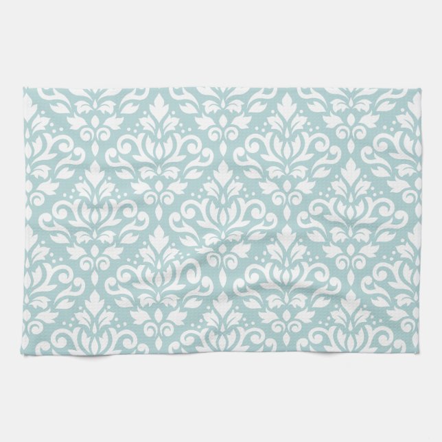 Scroll Damask Ptn White on Duck Egg Blue (B) Tea Towel (Horizontal)