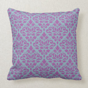 Scroll Damask Repeat Pattern Plum on Blue Cushion
