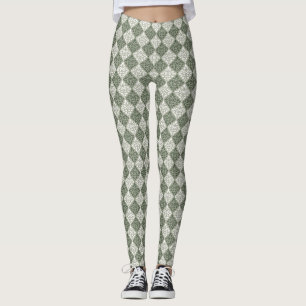 Scroll Damask Rpt Pattern Green White Lt Green Leggings