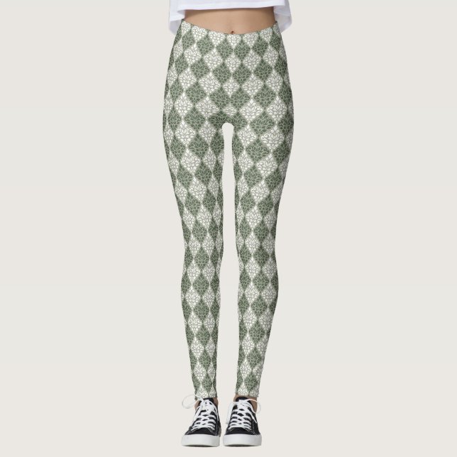 Scroll Damask Rpt Pattern Green White Lt Green Leggings (Front)