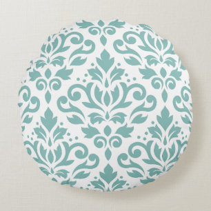 Scroll Damask Teal Large Pattern Round Cushion