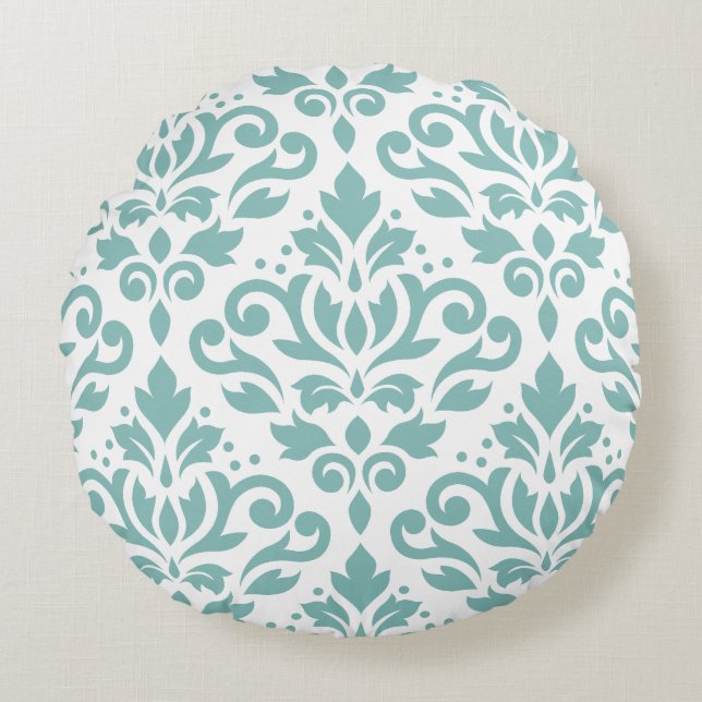 Scroll Damask Teal Large Pattern Round Cushion (Front)