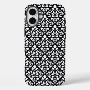 Scroll Damask White on Black Pattern iPhone 16 Plus Case