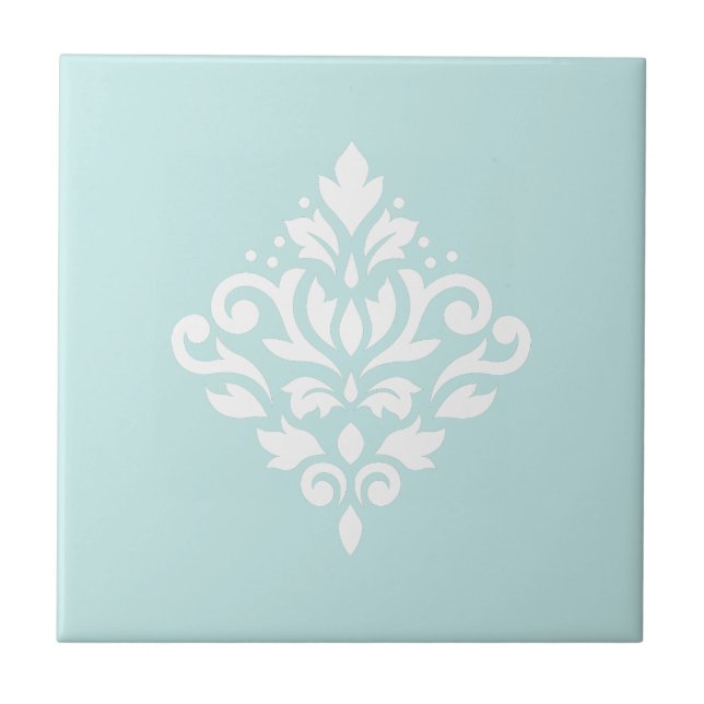 Scroll Damask White on Duck Egg Blue Tile (Front)