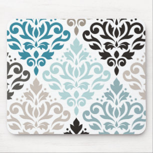 Scroll Damask XLg Pattern Art Teals Browns White Mouse Pad