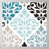 Scroll Damask XLg Pattern Art Teals Browns White