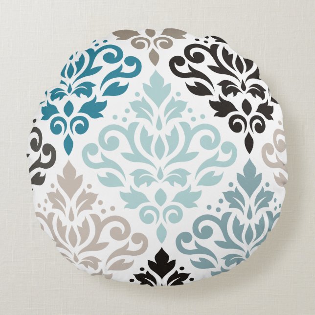 Scroll Damask XLg Pattern Art Teals Browns White Round Cushion (Front)