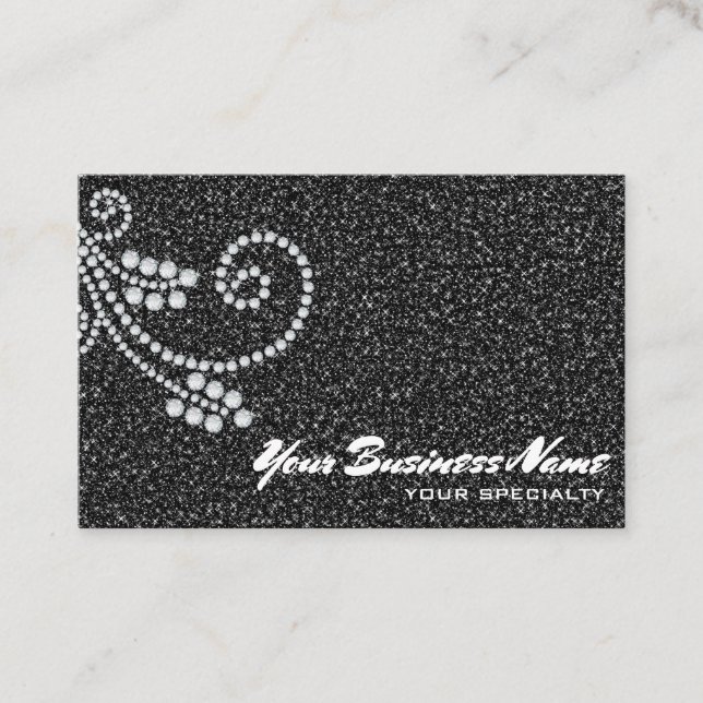 *~* Scroll Diamonds Glam Black Glitter Bling Luxe Business Card (Front)