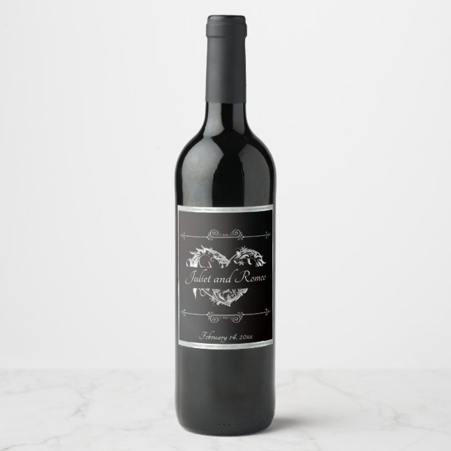 Scroll Heart Monogram - Black Wine Label (Front)