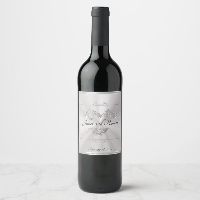 Scroll Heart Monogram - White Pearl Wine Label (Front)