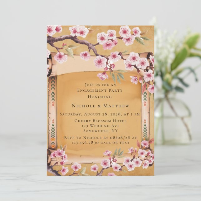 Scroll Japanese Cherry Blossom Engagement Party Invitation (Standing Front)