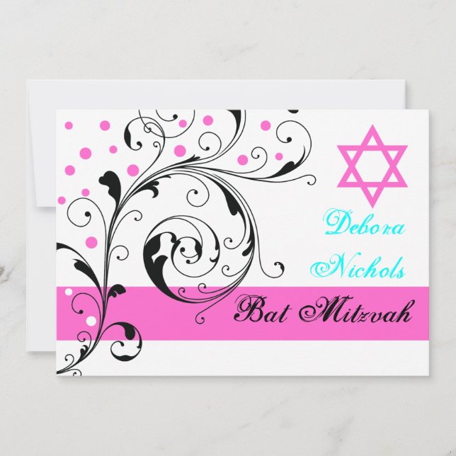 Scroll leaf black, white, hot pink & Star of David Invitation (Front)