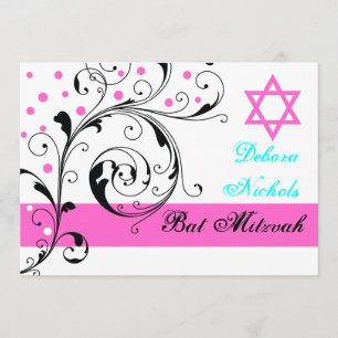 Scroll leaf black, white, hot pink & Star of David Invitation