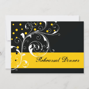 Scroll leaf black, yellow wedding rehearsal dinner invitation