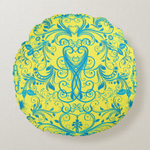 Scroll Work, Lt.Blue-Round Throw Pillow