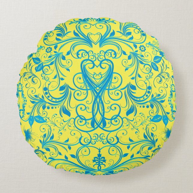 Scroll Work, Lt.Blue-Round Throw Pillow (Front)