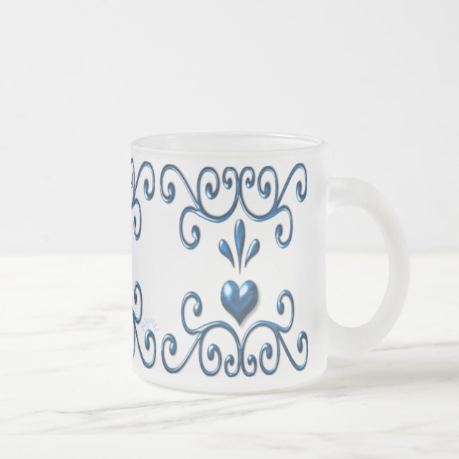 Scrolled Hearts frosted glass mug rich blue (Right)