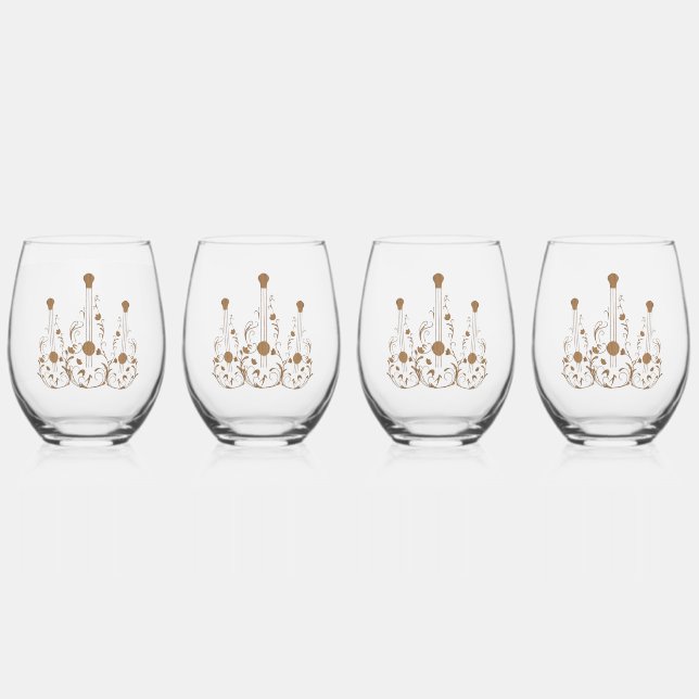 Scrolled Wood Guitars Stemless Wine Glass (Front)