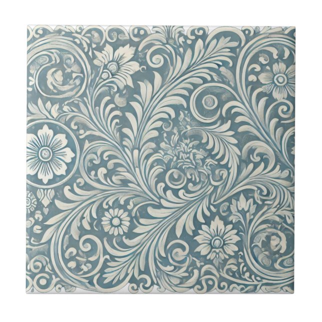 Scrolling Damask Pattern in Soft Blue and Ivory Tile (Front)
