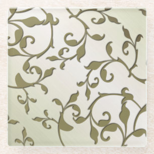 Scrolling Olive Leaves Glass Coaster