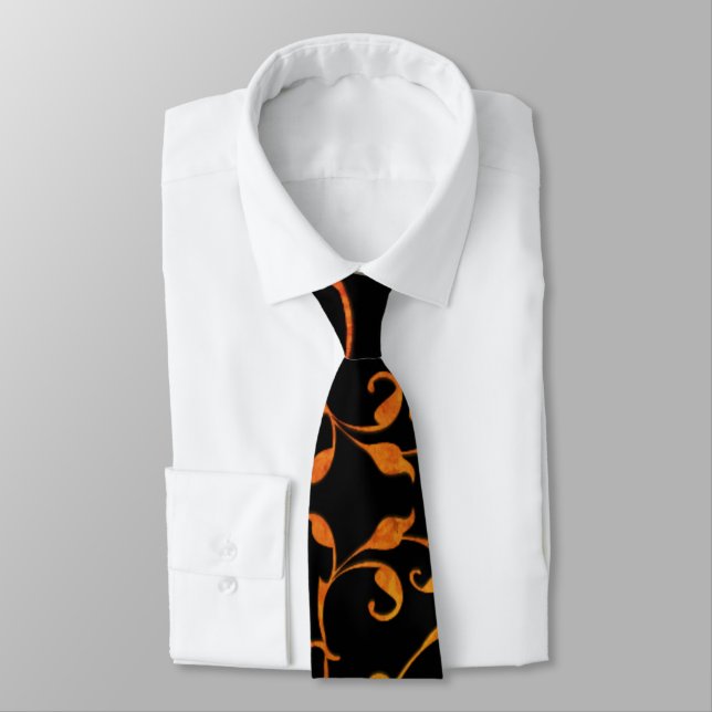 Scrolling Rust and Black Silky Tie (Tied)