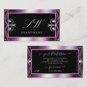 Scrollwork Black Purple Sparkle Diamonds Initials Business Card
