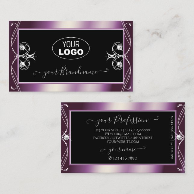 Scrollwork Black Purple Sparkle Diamonds with Logo Business Card (Front/Back)