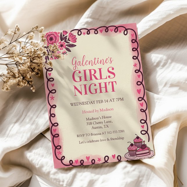 Scrollwork Border Galentine's Invitation (Pink Watercolor Invite)