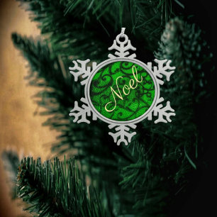 Scrollwork Green Snowflake Pewter Christmas Ornament