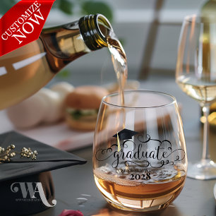 Scrolly Graduate Name and Year  Stemless Wine Glass