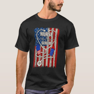 Scrub 4th Of July Firework American Flag Stethosco T-Shirt