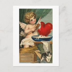Scrubbing Heart Cupid and Cat Postcard