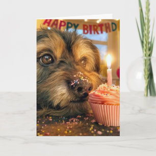 Scruffy Dog with a Birthday Cupcake Card