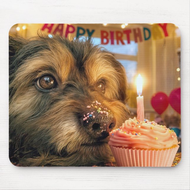 Scruffy Dog with a Birthday Cupcake Mouse Pad (Front)