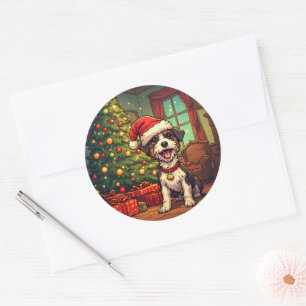 Scruffy Pup Santa Hat Christmas Tree Cheerful Classic Round Sticker
