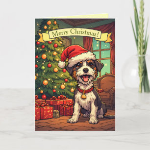 Scruffy Pup Santa Hat Christmas Tree Cheerful Holiday Card