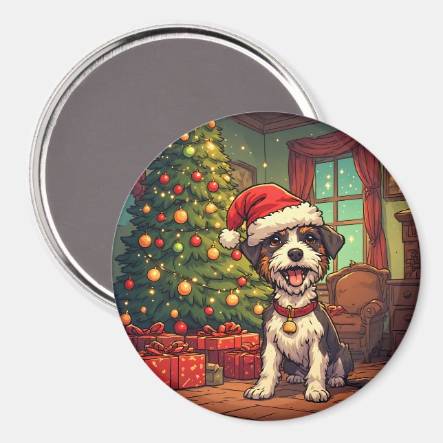 Scruffy Pup Santa Hat Christmas Tree Cheerful  Magnet (Front/Back)