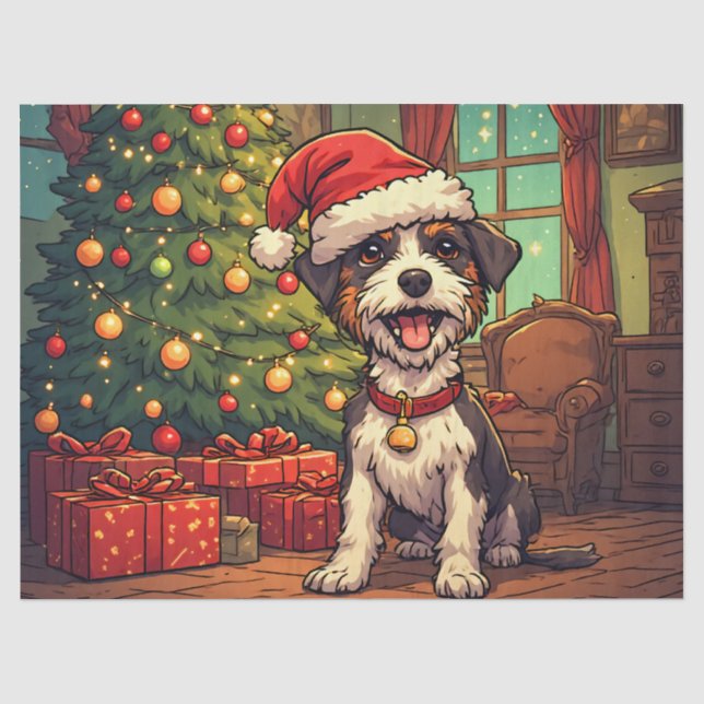 Scruffy Pup Santa Hat Christmas Tree Cheerful  Tissue Paper (Front)