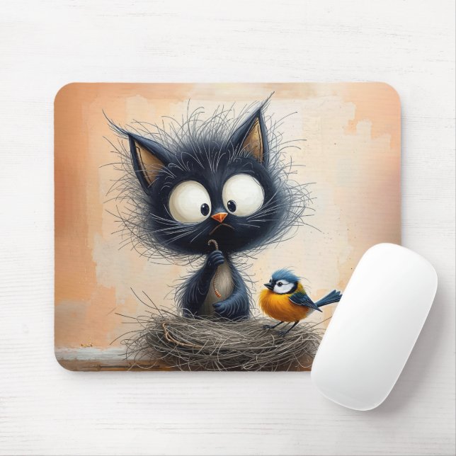 Scruffy Wide-eyed Cat With a Worm For a Bird Mouse Pad (With Mouse)
