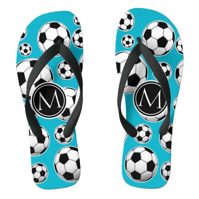 Scuba Blue Soccer Ball Pattern and Monogram Jandals (Footbed)