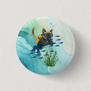 Scuba Cat is diving Underwater 3 Cm Round Badge