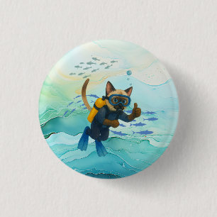Scuba Cat is diving Underwater 3 Cm Round Badge