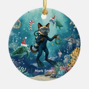Scuba Cat is diving Underwater Christmas themed Ceramic Tree Decoration