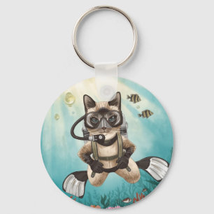 Scuba Cat is diving Underwater Key Ring